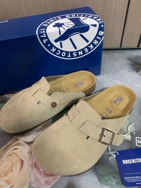 Birkenstock Beige Suede Clogs with Buckle